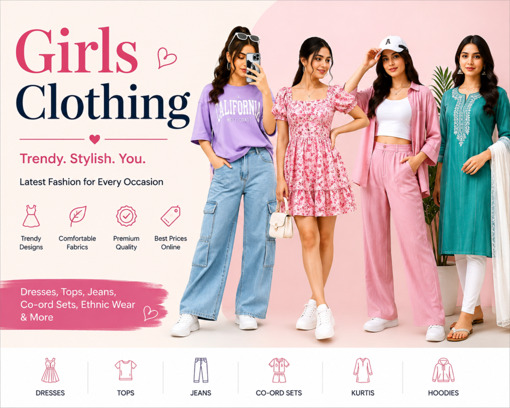 "Stylish girls clothing collection with dresses, tops, jeans, co-ord sets, and ethnic wear for every occasion."
